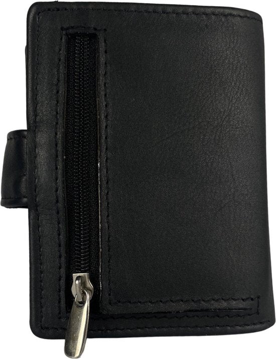 Dubbele creditcard houder pasjeshouder uitschuifbaar zwart leer rfid muntgeld ritsvak - Arrigo Leather Goods