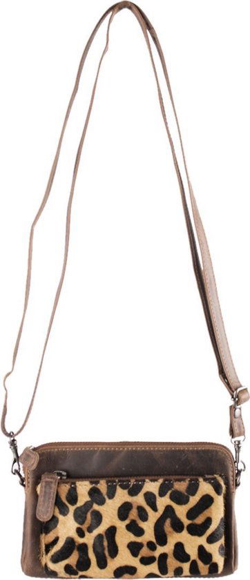 Festivaltasje uitgangstasje wandeltasje vakantietasje met dierenprint en donkerbruin leer - Arrigo Leather Goods