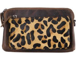 Festivaltasje uitgangstasje wandeltasje vakantietasje met dierenprint en donkerbruin leer - Arrigo Leather Goods