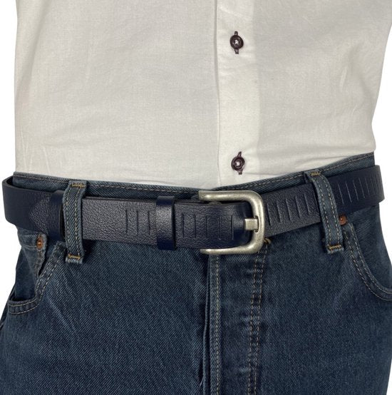 Geperforeerde riem blauw leer 3 cm breed 115 cm - Arrigo Leather Goods