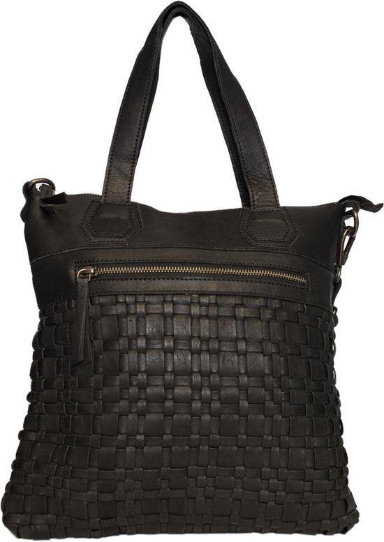 Gevlochten leren tas zwart met een kort en lang hengsel - Arrigo.nl