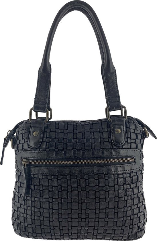 Handtas schoudertas gevlochten gewassen leer zwart arrigo - Arrigo.nl