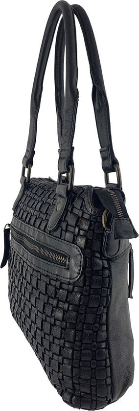 Handtas schoudertas gevlochten gewassen leer zwart arrigo - Arrigo.nl