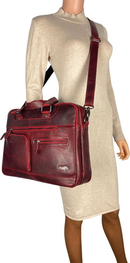 Handtassen dames laptoptas rood echt leer werktas dames aktetas crossbody - Arrigo.nl
