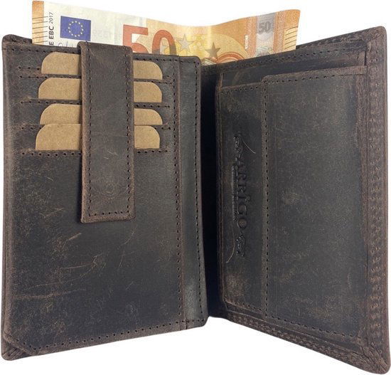 Heren portemonnee donkerbruin billfold RFID anti-skim echt leer - Arrigo.nl