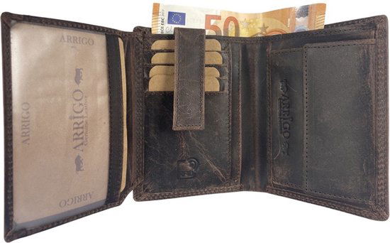 Heren portemonnee donkerbruin billfold RFID anti-skim echt leer - Arrigo.nl