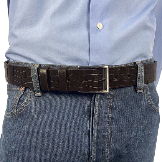 Heren riem dames riem donkerbruin 4 cm kroko print jeansriem - Arrigo Leather Goods