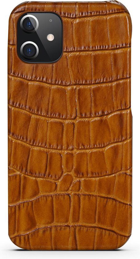 Hoesje iphone 12 pro met kroko print lichtbruin leer apple - Arrigo Leather Goods