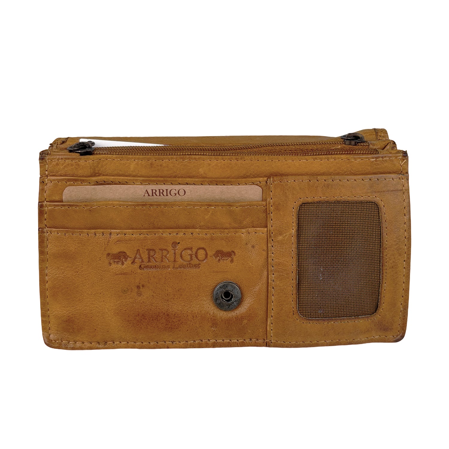 Mosterd damesportemonnee van gewassen leer