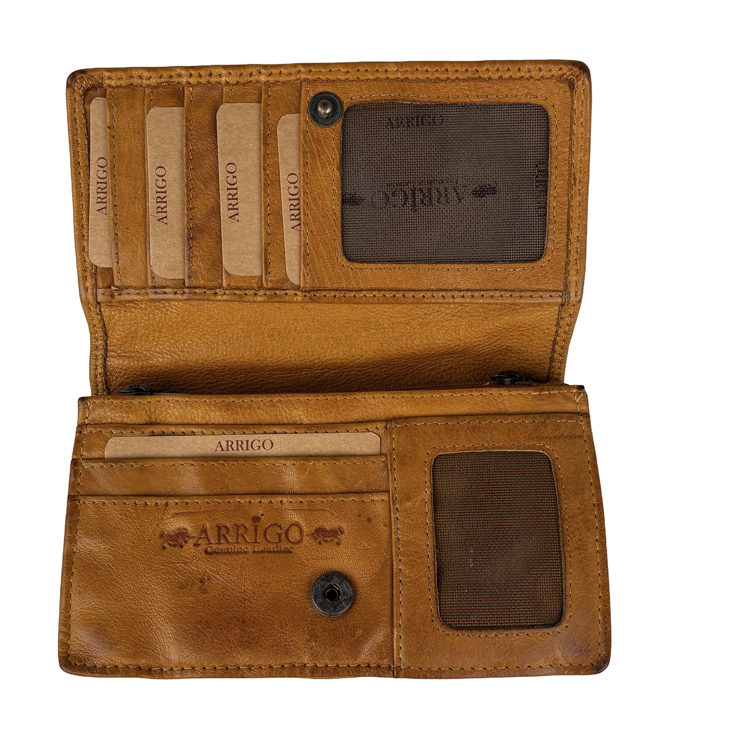 Mosterd damesportemonnee van gewassen leer