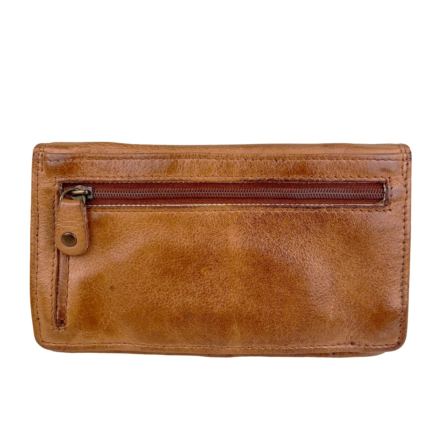 Cognac damesportemonnee van gewassen leer