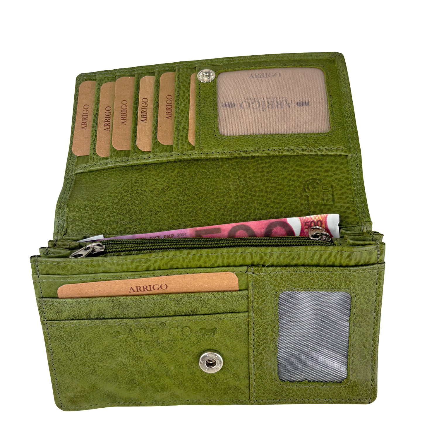 Brede leren portemonnee groen met RFID