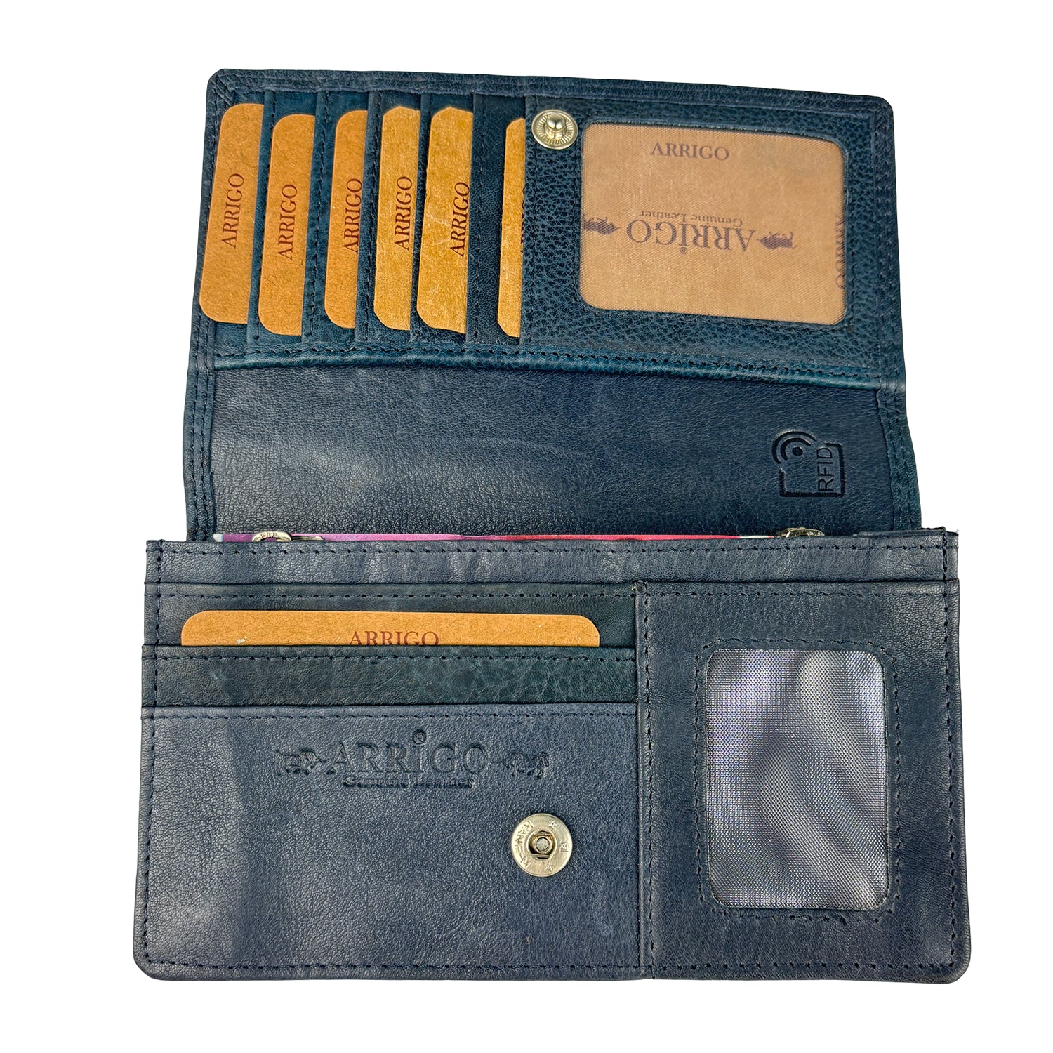 Brede blauwe leren portemonnee met RFID