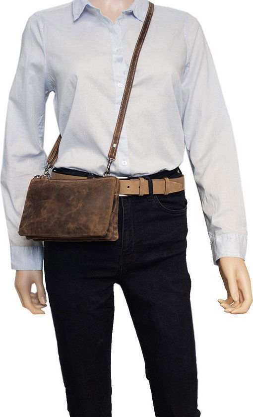 Klein Dames Schoudertasje / Festivaltasje van Buffelleer in Cognackleur - Arrigo.nl