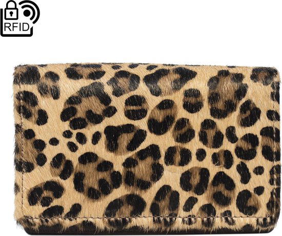 Kleine damesportemonnee van lichtbruin leer met dierenprint en RFID-bescherming - Arrigo.nl
