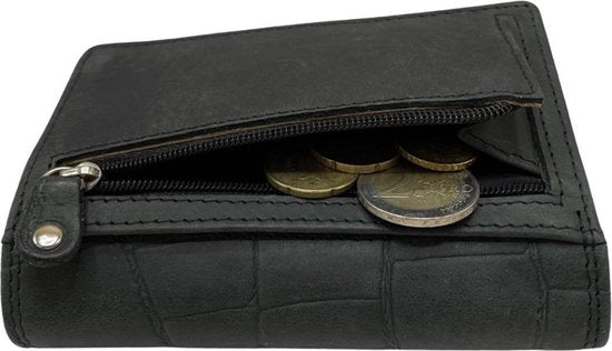 Kleine leren portemonnee portemonnee dames zwart leer met croco print - Arrigo.nl