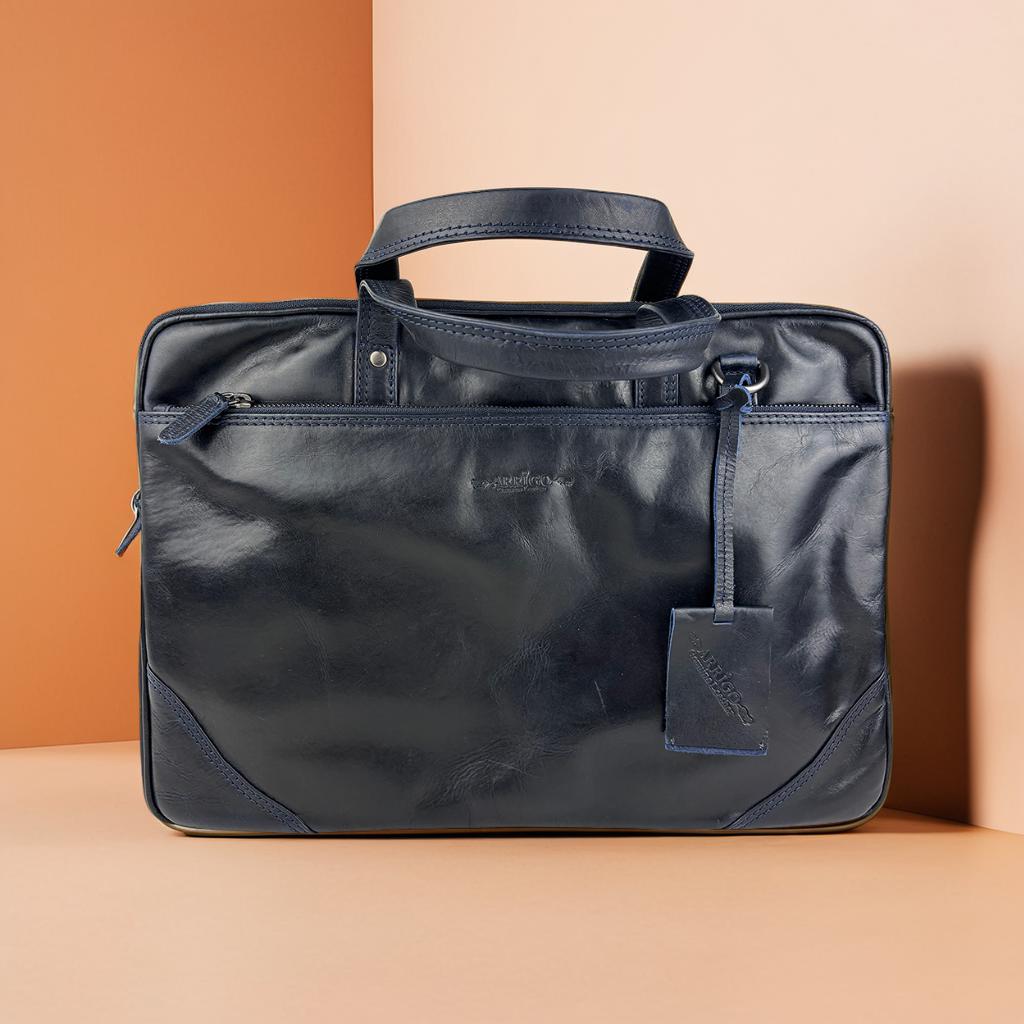 Blauwe leren laptoptas 15 inch
