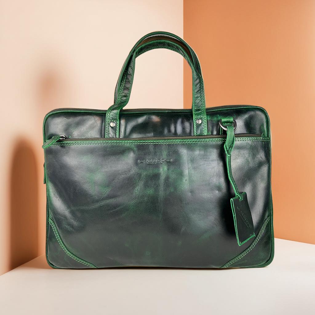 Groene leren laptoptas 15 inch