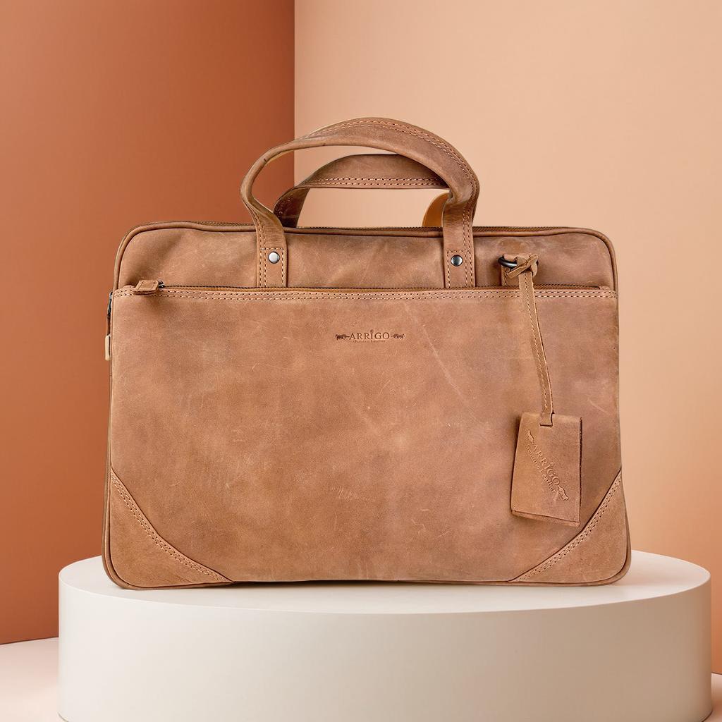 Taupe leren laptoptas 15 inch