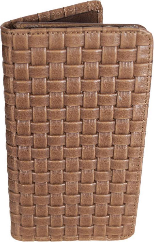 Lederen portefeuille telefoonmapje lichtbruin met gevlochten leerprint - Arrigo.nl