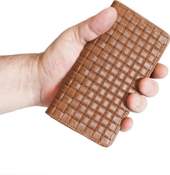 Lederen portefeuille telefoonmapje lichtbruin met gevlochten leerprint - Arrigo.nl