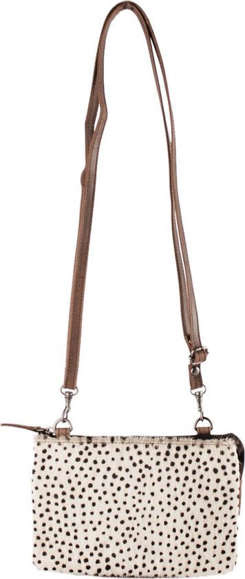 Leren Crossbody Schoudertasje - Lichtbruin met Witte Cheeta Print en Vacht - Arrigo.nl