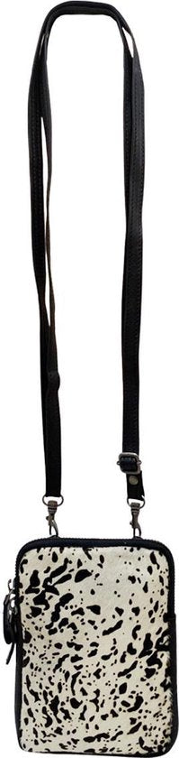 Leren Telefoontasje voor Dames met Verstelbare Schouderband in Zwart met Dierenprint - Arrigo.nl