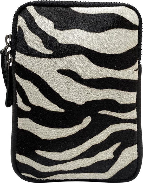 Leren Telefoontasje voor Dames met Verstelbare Schouderband in Zwart met Zebra Print - Arrigo.nl