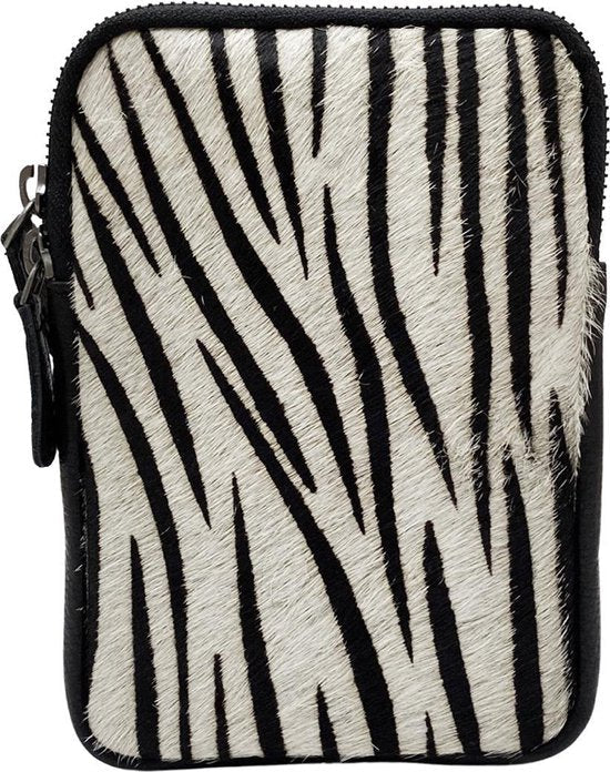 Leren Telefoontasje voor Dames met Verstelbare Schouderband in Zwart met Zebra Print - Arrigo.nl