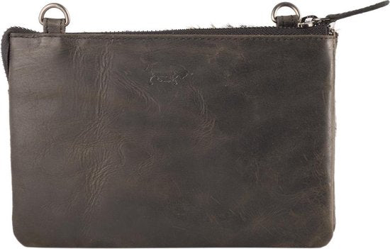 Leren crossbody tas donkerbruin vacht met witte cheetah print schoudertasje - Arrigo Leather Goods