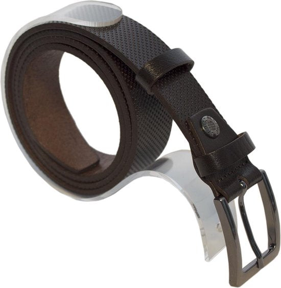 Leren dames riem donkerbruin met print of heren riem echt - Arrigo Leather Goods