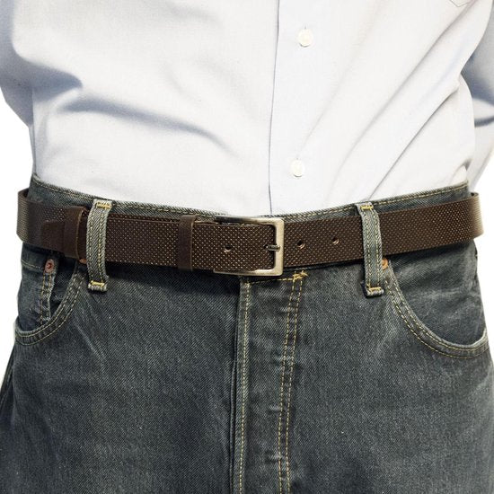 Leren dames riem donkerbruin met print of heren riem echt - Arrigo Leather Goods