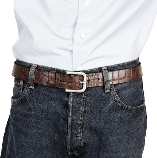 Leren riem donkerbruin met krokoprint van 3 5 cm breed - Arrigo Leather Goods