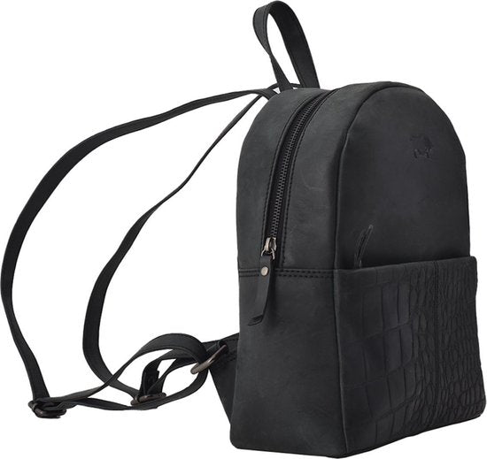 Leren rugtas dames matzwart met kroko print leer rugzak dames - Arrigo Leather Goods