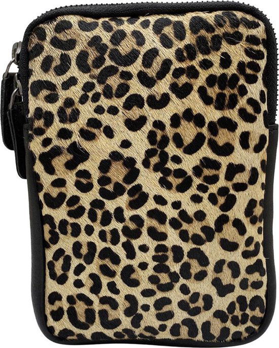 Leren telefoontasje dames met een verstelbare schouderband zwart met tijgerprint - Arrigo Leather Goods