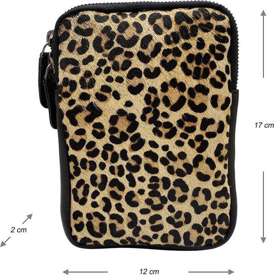 Leren telefoontasje dames met een verstelbare schouderband zwart met tijgerprint - Arrigo Leather Goods