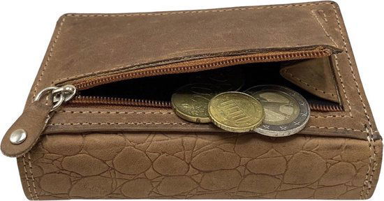 Lichtbruin leren dames portemonnee klein met croco print en anti - Arrigo.nl