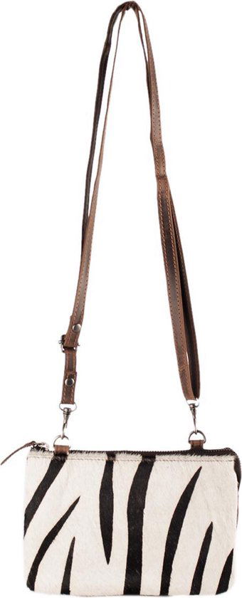 Mini tasje donkerbruin leer met zebra print leren festivaltasje met - Arrigo Leather Goods