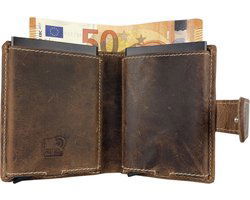 Pasjeshouder uitschuifbaar cognac dubbele creditcard houder rfid muntgeld ritsvak - Arrigo.nl