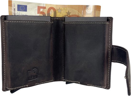 Pasjeshouder uitschuifbaar donkerbruin dubbele creditcard houder rfid pasjeshouder - Arrigo Leather Goods