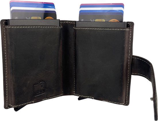 Pasjeshouder uitschuifbaar donkerbruin dubbele creditcard houder rfid pasjeshouder - Arrigo Leather Goods