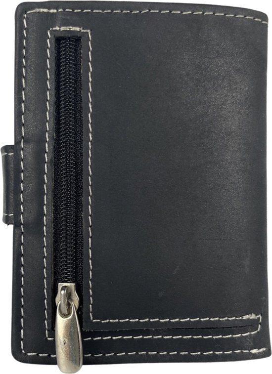 Pasjeshouder uitschuifbaar zwart leer dubbele creditcard houder rfid muntgeld ritsvak - Arrigo.nl