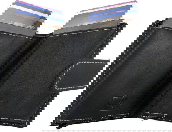 Pasjeshouder uitschuifbaar zwart leer dubbele creditcard houder rfid muntgeld ritsvak - Arrigo.nl