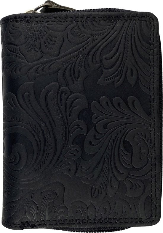 Portemonnee dames buffelleer RFID bloemenprint zwart - Arrigo.nl
