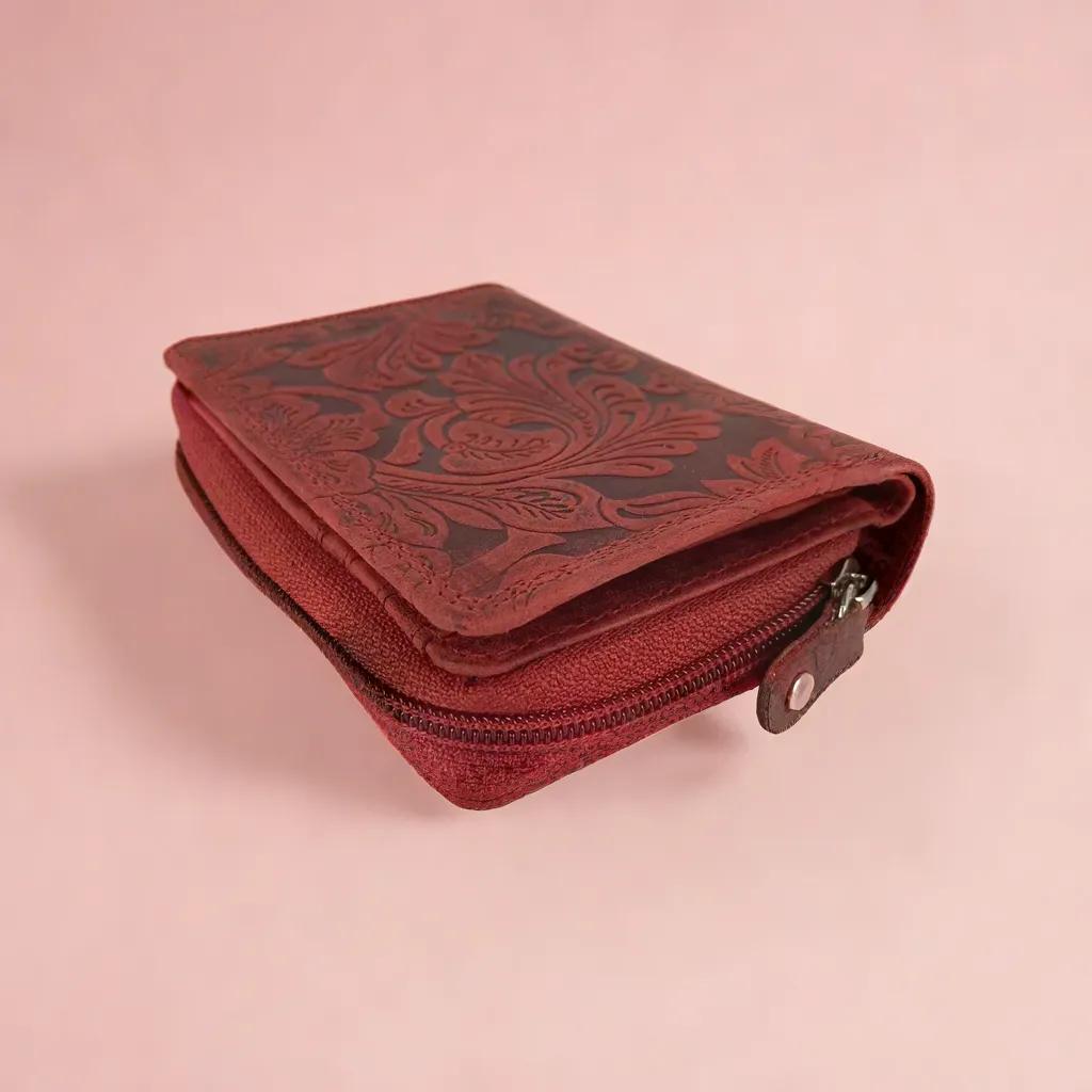 Portemonnee dames buffelleer leer rfid bloemenprint rood arrigo - Arrigo.nl