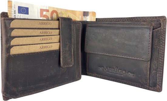 Portemonnee heren donkerbruin echt leer rfid anti skim - Arrigo Leather Goods