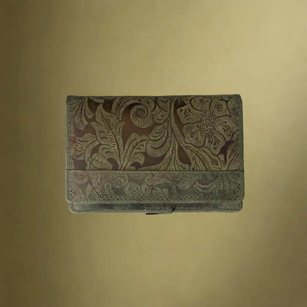 RFID Dames Portemonnee Groen Leer Bloemenprint - Arrigo.nl