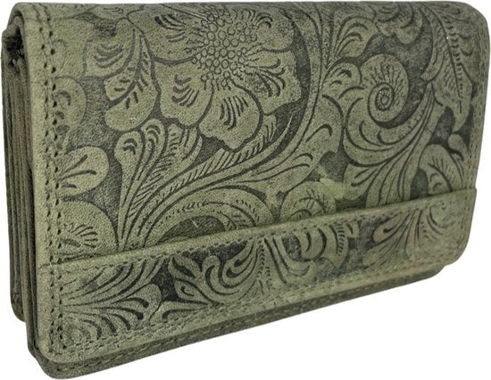 RFID Dames Portemonnee Groen Leer Bloemenprint - Arrigo.nl