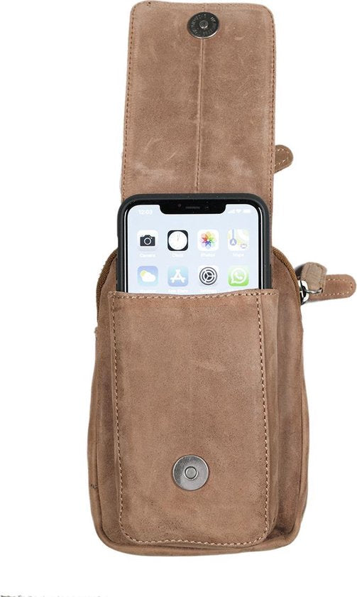 Riemtasje taupe kleurig leer leren heuptas lederen fanny pack festivaltasje - Arrigo.nl