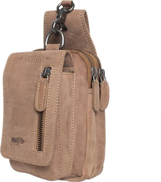 Riemtasje taupe kleurig leer leren heuptas lederen fanny pack festivaltasje - Arrigo.nl